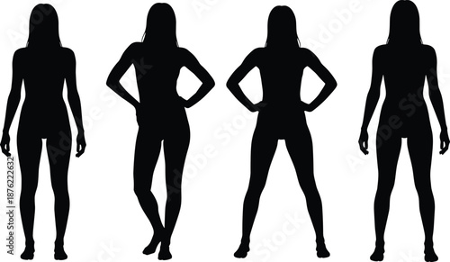 Female body silhouette set showing different poses and proportions, woman figure front view, fitness anatomy reference, black vector illustration