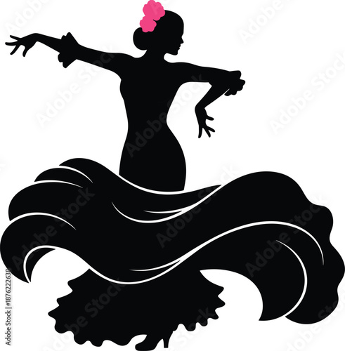 Flamenco dancer silhouette performing elegant Spanish dance, flowing dress movement, passionate cultural art, traditional performance, black vector illustration