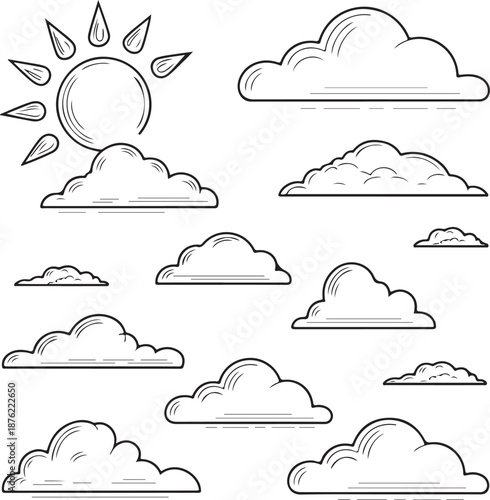 Vector linear clouds. Set of isolated contour images of clouds, wind and storm eddy. Outline vector illustration