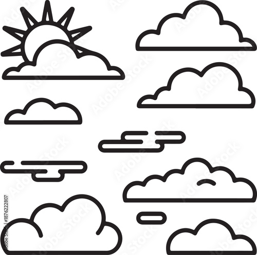 Vector linear clouds. Set of isolated contour images of clouds, wind and storm eddy. Outline vector illustration