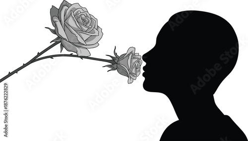 Human face silhouette smelling rose flower, romantic concept, love emotion, floral fragrance, minimal black and white vector illustration