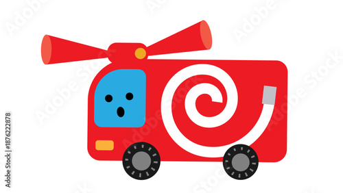 ホースを積んだ消防車のかわいいキャラクターイラスト