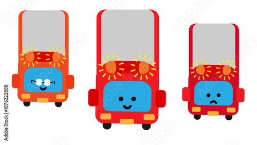 表情ちがいの消防車が並ぶかわいいキャラクターイラスト