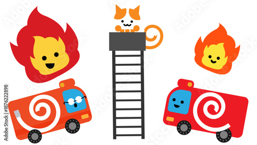 はしご車で消火する消防車と炎のかわいい防災イラスト