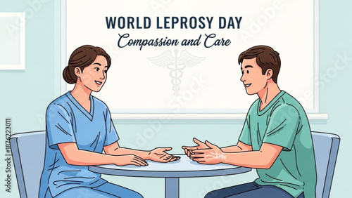 Healthcare worker and patient discussing world leprosy day with compassion and care at a clinic