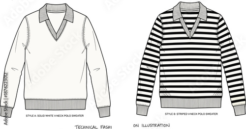 V-neck polo sweater, fashion sketch, striped design, solid white style, technical drawing, garment illustration, flat vector illustration
