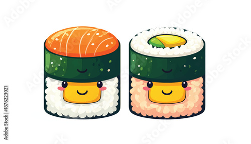 Two Adorable Sushi Rolls with Smiling Faces and Vibrant Toppings.