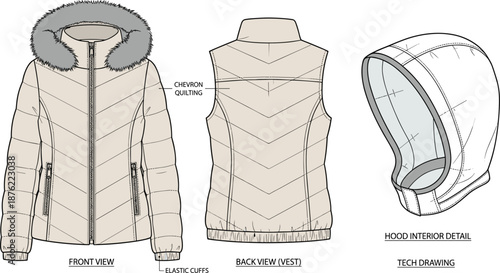 Winter jacket technical sketch, detachable hood detail, vest back view, chevron quilted design, fashion template, flat vector illustration