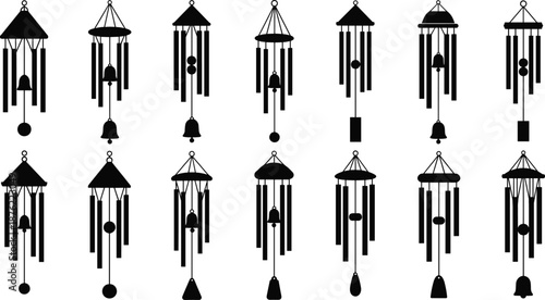 Wind chime silhouette icons, decorative hanging designs, musical garden elements, black vector set, flat illustration for home and outdoor decor