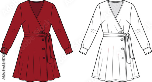 Wrap dress fashion sketch, red garment illustration, technical drawing, V-neck style, waist tie detail, flat vector illustration