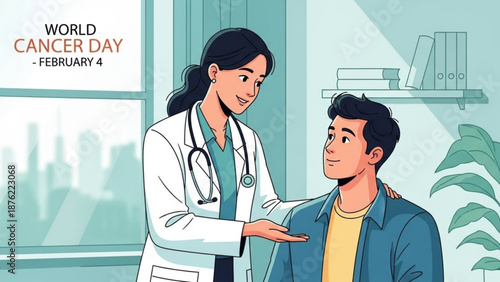 Female doctor comforting male patient in clinic on world cancer day february 4 with city view and plant