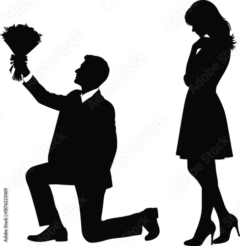 Romantic proposal silhouette with man kneeling offering bouquet, shy woman reaction, love confession moment, relationship romance vector illustration