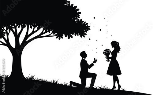 Romantic marriage proposal silhouette under tree, man kneeling with engagement ring, woman holding bouquet, love story, wedding vector illustration