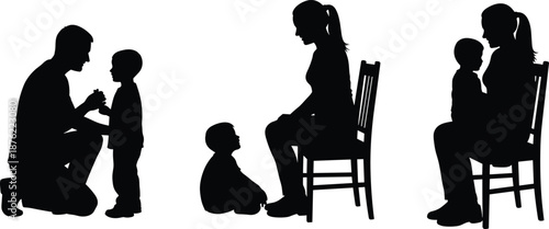 Adult and child interaction silhouettes, caregiving moments, emotional bonding, black vector illustration, nurturing posture icons, flat vector illustration