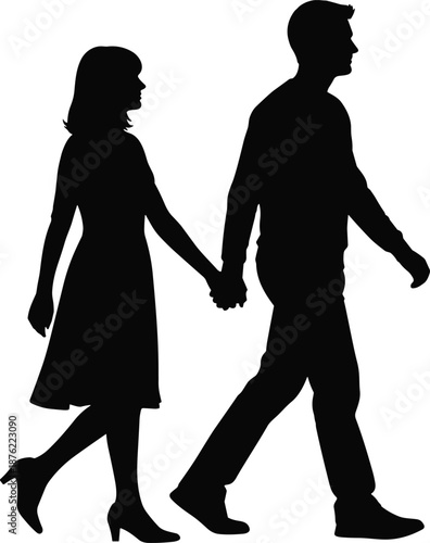 Romantic couple silhouette walking hand in hand, man and woman together, relationship love journey, companionship concept, black vector illustration