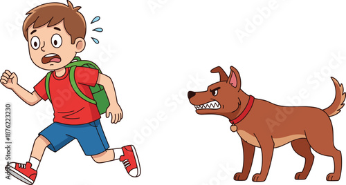 Cartoon boy running from angry dog, fear reaction, safety concept, colorful character scene, flat vector illustration