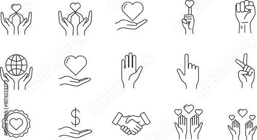 Charity and support icons, hand gestures, heart symbols, community care, black line vector set, flat vector illustration