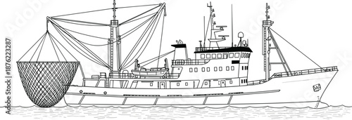 Commercial fishing vessel at sea, crane lifting net, maritime industry illustration, ocean operation, black line drawing, flat vector illustration