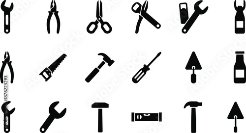 Construction tool icons, black silhouette set, DIY repair equipment, hand tool vector collection, hardware symbols, flat vector illustration