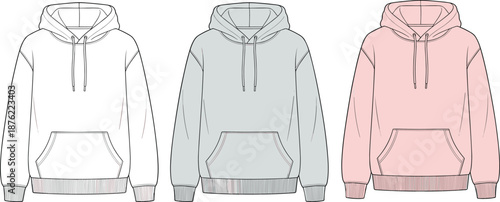 Hoodie front view, sweatshirt mockup, pullover fashion template, casual wear illustration, apparel design, garment vector, flat vector illustration