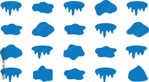 Blue Paint Splatters and Drips on White Background