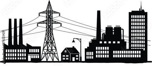 Industrial and urban infrastructure silhouettes, power grid and buildings, black vector landscape, electricity distribution concept, flat vector illustration