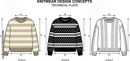 Knitwear technical flats, sweater design concepts, fashion sketch template, apparel measurement guide, garment illustration, clothing vector, flat vector illustration