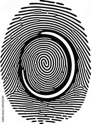 Black fingerprint silhouette icon, biometric identity scanning symbol vector illustration, forensic science evidence, isolated on white background for security and identification