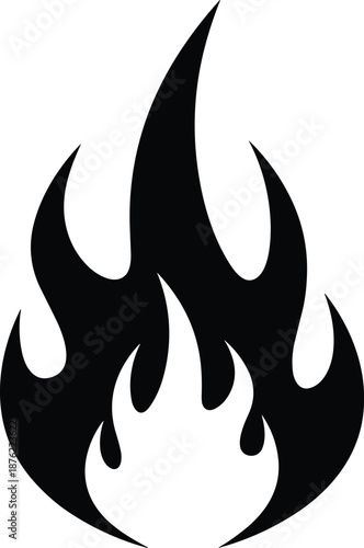 Black fire flame icon isolated on white background, hot gas blaze vector illustration, ignite heat energy symbol, flammable campfire spark element for logo (24 words)