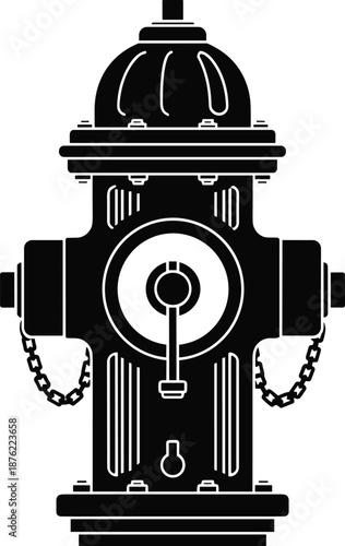 Black fire hydrant silhouette icon, outdoor city emergency water supply for firefighters, safety and rescue equipment vector illustration, isolated on white background