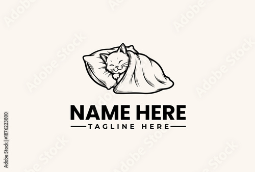 A minimalist line art illustration of a sleeping cat curled up in a bag with a placeholder name and tagline on a clean white background.