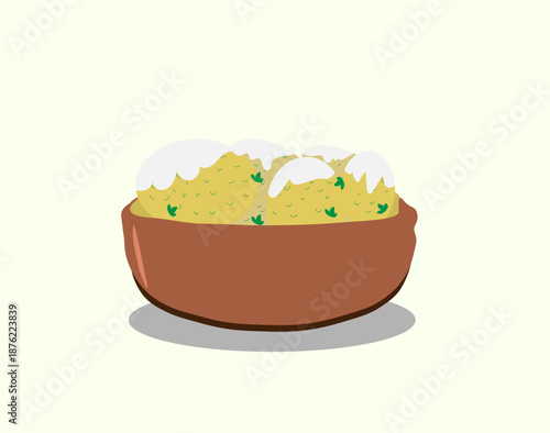 potatoes with sour cream and dill on a plate,