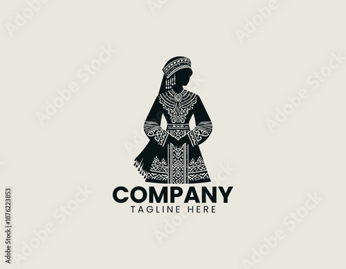woman wearing Uighur tribal clothes black vector logo illustrator.