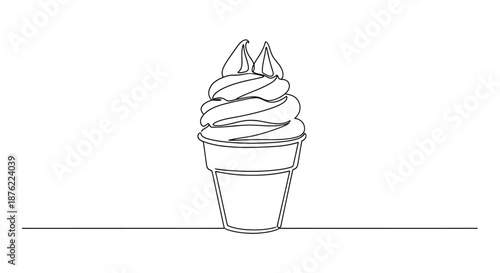 Simple line art illustration of a soft serve ice cream cone with swirls on a white background with a thin line at the bottom