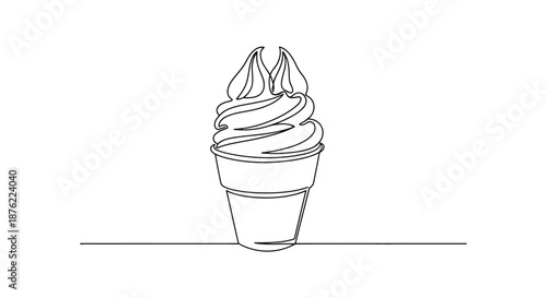 Minimalist single line drawing of a classic soft serve ice cream cone with swirls on a white background