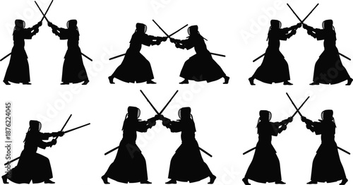 Black kendo martial arts silhouette vector set, Japanese samurai sword fighting poses, wooden bokken combat sport icons, isolated on white background