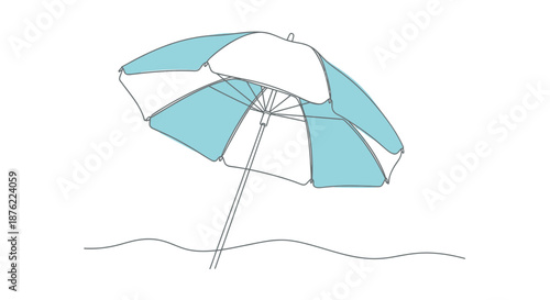 Hand drawn illustration of a classic striped beach umbrella providing shade on a sunny day at the seashore