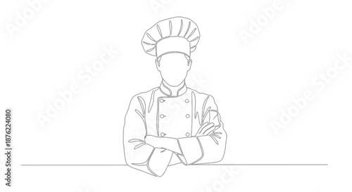 Minimalist line art drawing of a chef in traditional uniform and tall toque hat leaning forward on a table