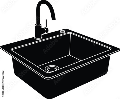 Black kitchen sink vector illustration, modern granite washbasin with chrome faucet icon, plumbing fixture silhouette for home interior design isolated on white background