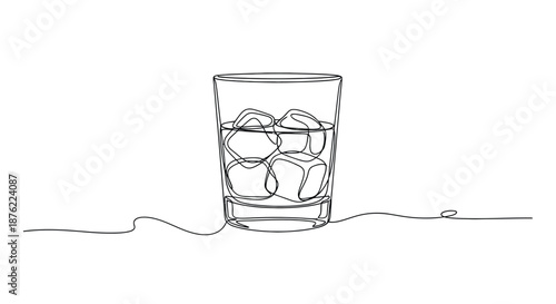 Minimalist line art drawing of a tall glass filled with ice cubes and a refreshing drink on a white background