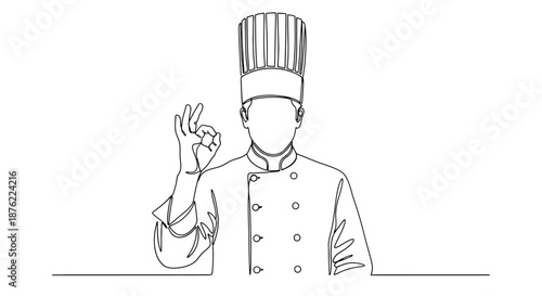Hand drawn illustration of a chef in uniform and tall hat making a gesture with their fingers representing culinary excellence and delicious food
