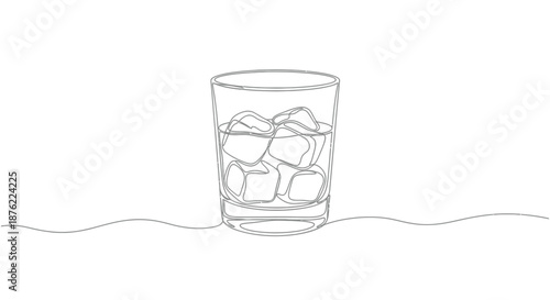 Minimalist hand drawn outline illustration of a tall glass filled with ice cubes and a refreshing beverage against a clean white background