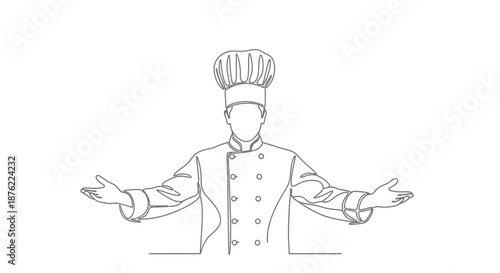 A chef wearing a tall toque hat stands with open arms in a welcoming gesture depicted in a clean line art style