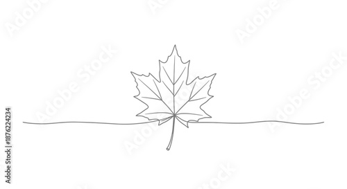 Minimalist hand drawn single line art of a maple leaf centered on a horizontal dashed line representing autumn