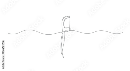 Minimalist hand drawn line art illustration of a dental floss pick with string submerged in wavy water on a white background