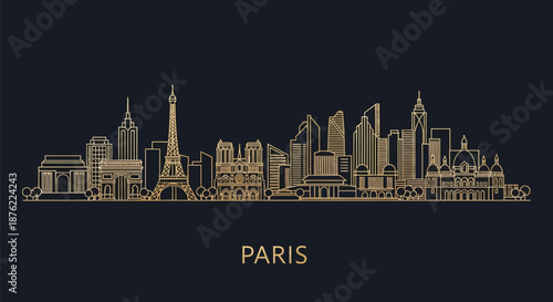 Gold-colored illustration of the Paris city skyline at night on a black background with the word Paris written below.