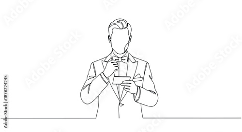 Minimalist single line drawing of a person in a suit adjusting their bow tie with a clean white background
