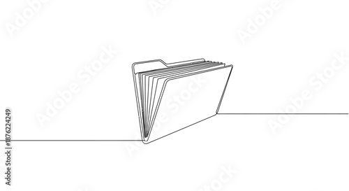 Minimalist continuous line drawing of an open file folder with tabs filled with documents on a white background symbolizing organization and data management