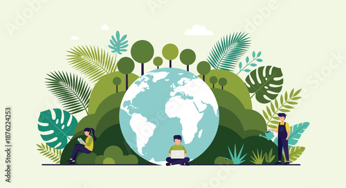 Illustration of people interacting with a large globe surrounded by lush greenery and tropical leaves on a pale background.