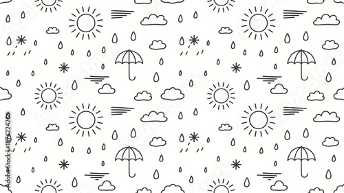 Weather Icons Pattern in Simple Line Art Style with Black and White Color Scheme on Seamless Texture for Digital Background